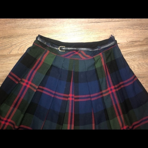 VINTAGE Wool Blend Scottish Kilt w Leather & Brass Belt 32” Waist Plaid Tartan - Picture 3 of 7